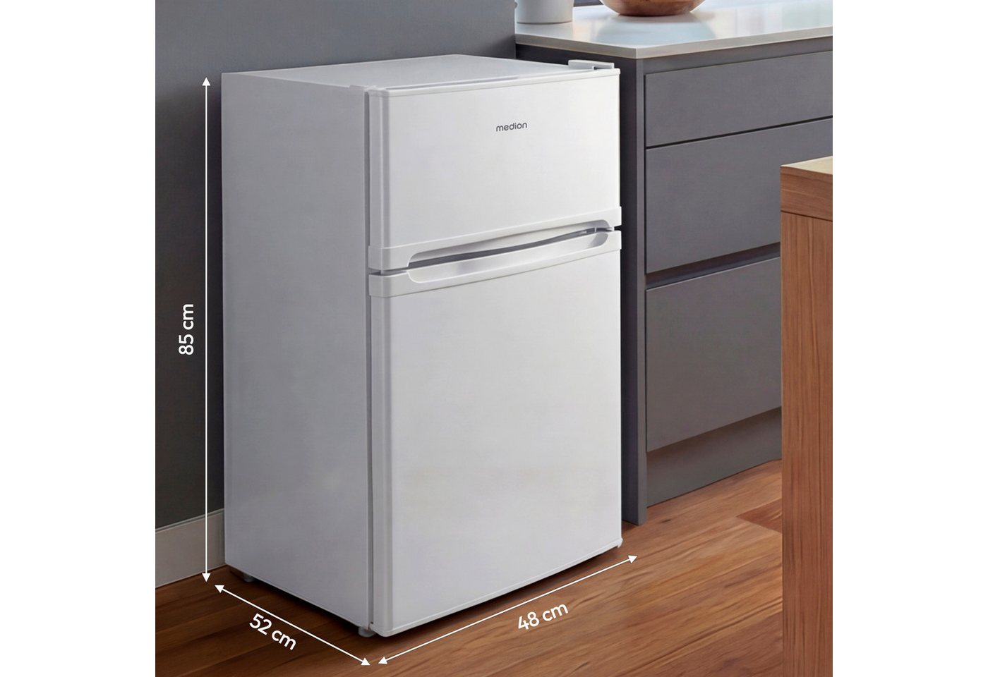 Medion® Kühl-/Gefrierkombination MD37689, 85 cm hoch, 48 cm breit, 85 Liter, 61L Kühlteil, 24L Gefrierteil, freistehend – Bild 2 von 5