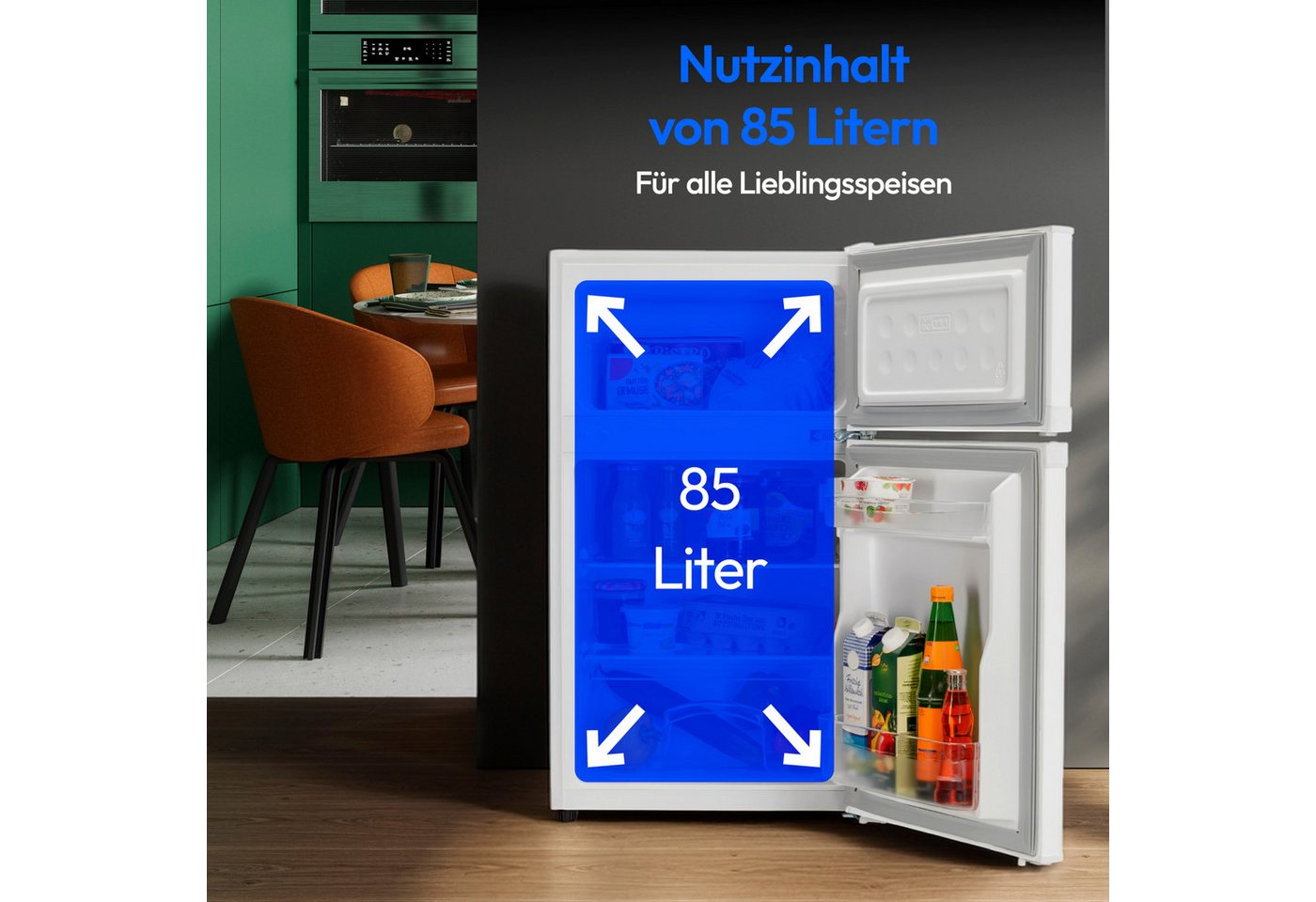 Medion® Kühl-/Gefrierkombination MD37689, 85 cm hoch, 48 cm breit, 85 Liter, 61L Kühlteil, 24L Gefrierteil, freistehend – Bild 3 von 5