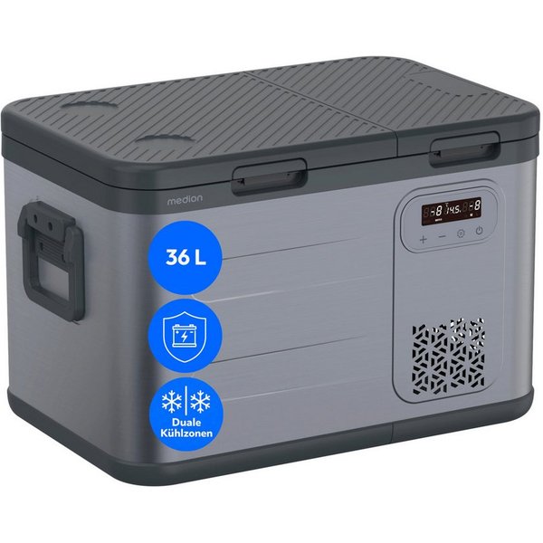 Medion® Kühlbox mobil Kompressor Kühlbox, 36L Kapazität, Duale Kühlzonen, 12V 24V 230V, Aluminium Design