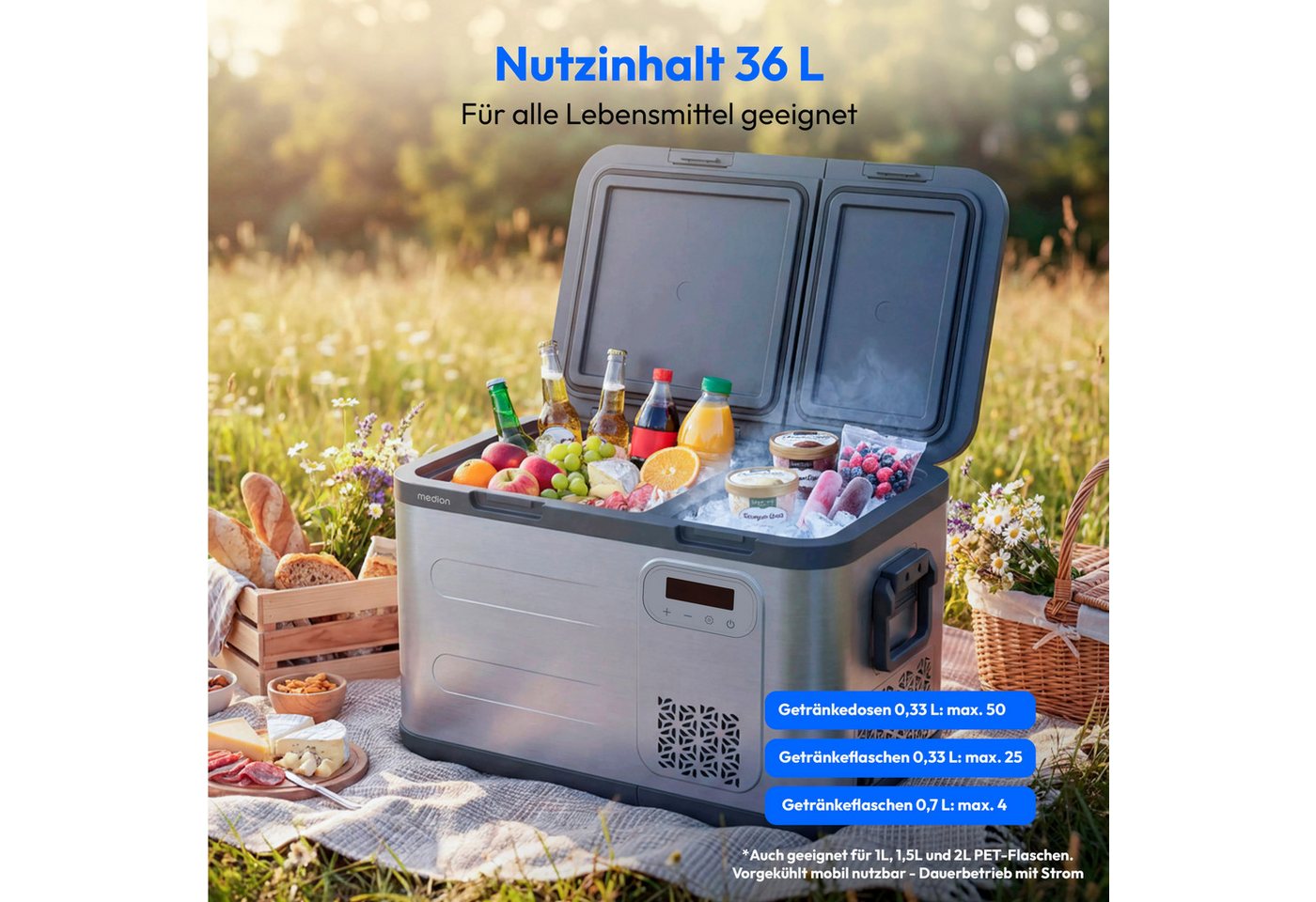 Medion® Kühlbox mobil Kompressor Kühlbox, 36L Kapazität, Duale Kühlzonen, 12V 24V 230V, Aluminium Design – Bild 3 von 5