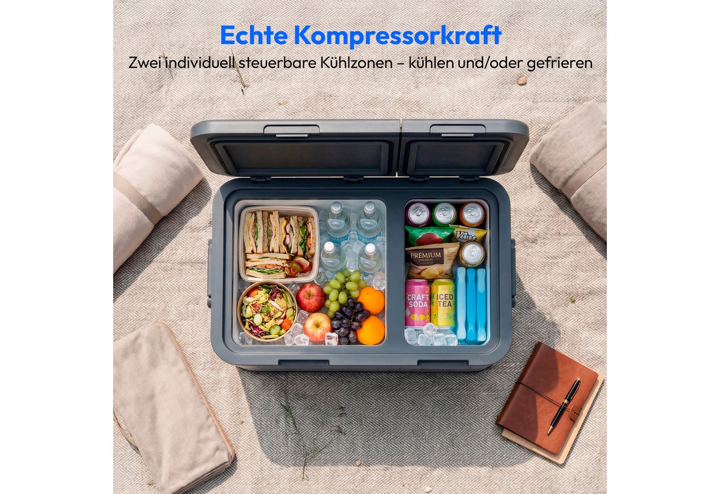 Medion® Kühlbox mobil Kompressor Kühlbox, 36L Kapazität, Duale Kühlzonen, 12V 24V 230V, Aluminium Design – Bild 4 von 5