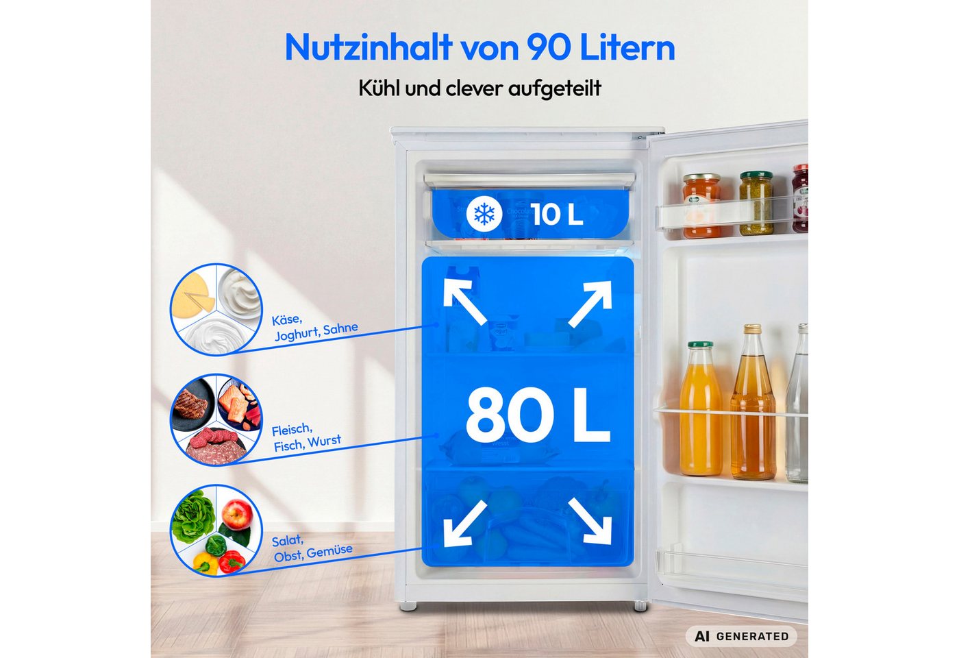 Medion® Kühlschrank MD370033, 85 cm hoch, 47.5 cm breit, 90L Gesamt-Nutzinhalt, Inverter Kompressor Technologie – Bild 3 von 5