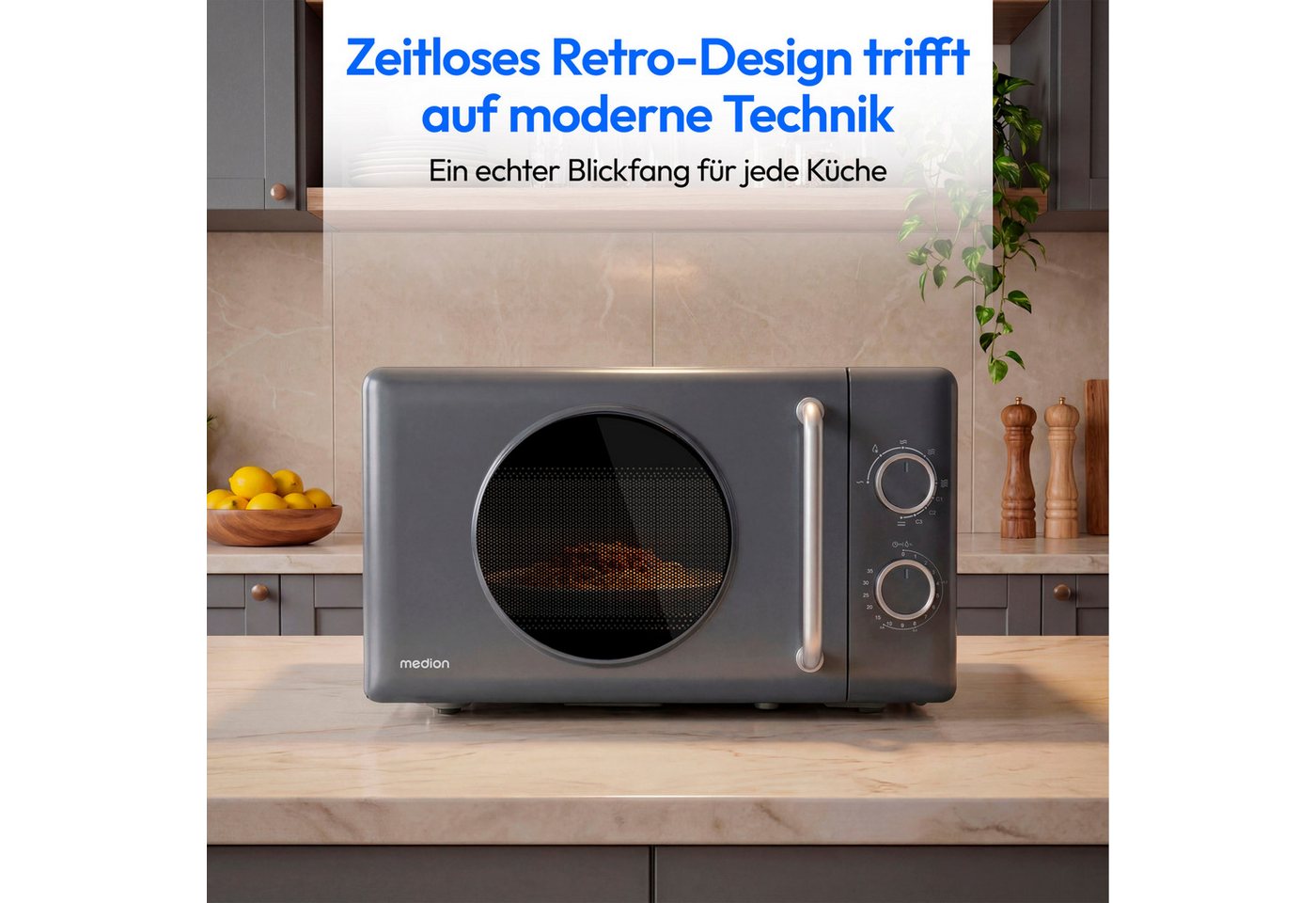 Medion® Mikrowelle MD100119, 800W Leistung,5 Mikrowellenstufen, Auftaufunktion, Retro-Design – Bild 3 von 5