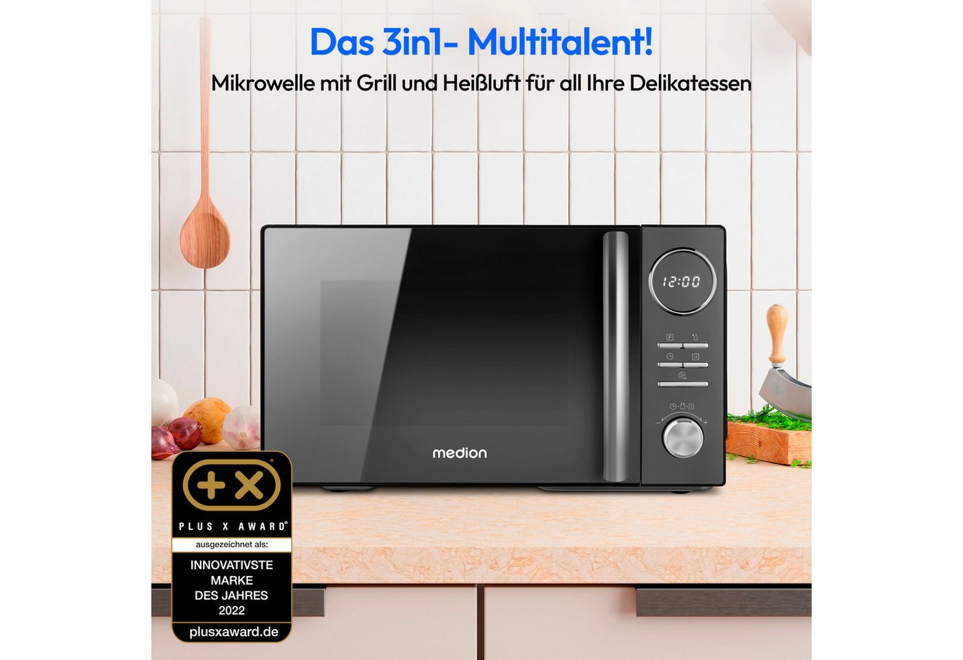 Medion® Mikrowelle MD11493, Grill und Heißluft, Mikrowelle, 23 l, 10 Automatikprogramme,Grillkombi,Auftaufunktion,MD11493 – Bild 2 von 5