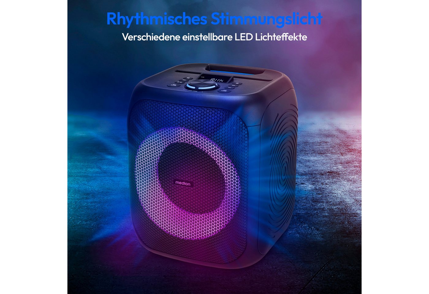 Medion® S61991 (MD43991) Lautsprecher (A2DP Bluetooth, AVRCP Bluetooth, Bluetooth, HFP, 50 W, Lichteffekte, Karaoke, Akku, spritzwassergeschützt (IPX4) – Bild 4 von 5