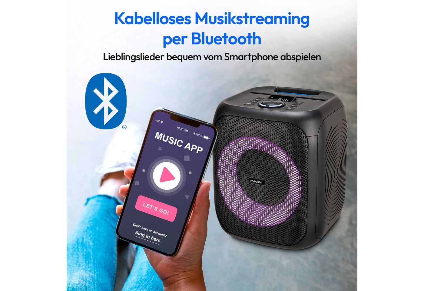 Medion® S61991 (MD43991) Lautsprecher (A2DP Bluetooth, AVRCP Bluetooth, Bluetooth, HFP, 50 W, Lichteffekte, Karaoke, Akku, spritzwassergeschützt (IPX4) – Bild 5 von 5