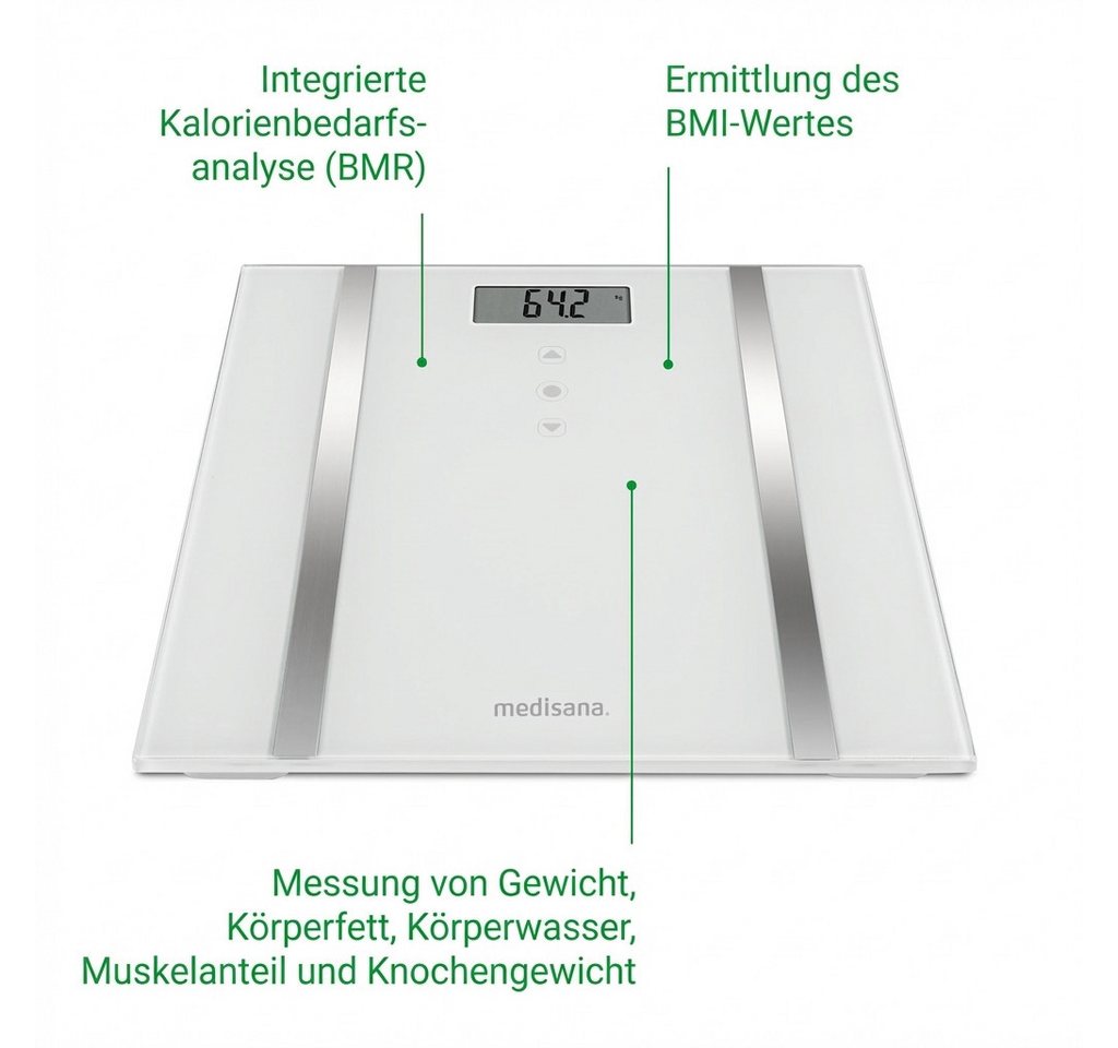medisana Körper-Analyse-Waage BS 483, Gewicht, Körperfett, Körperwasser, Muskelanteil, Knochengewicht, BMI – Bild 3 von 5