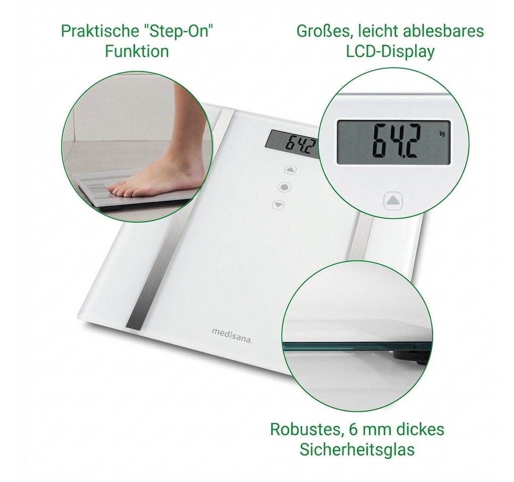 medisana Körper-Analyse-Waage BS 483, Gewicht, Körperfett, Körperwasser, Muskelanteil, Knochengewicht, BMI – Bild 4 von 5