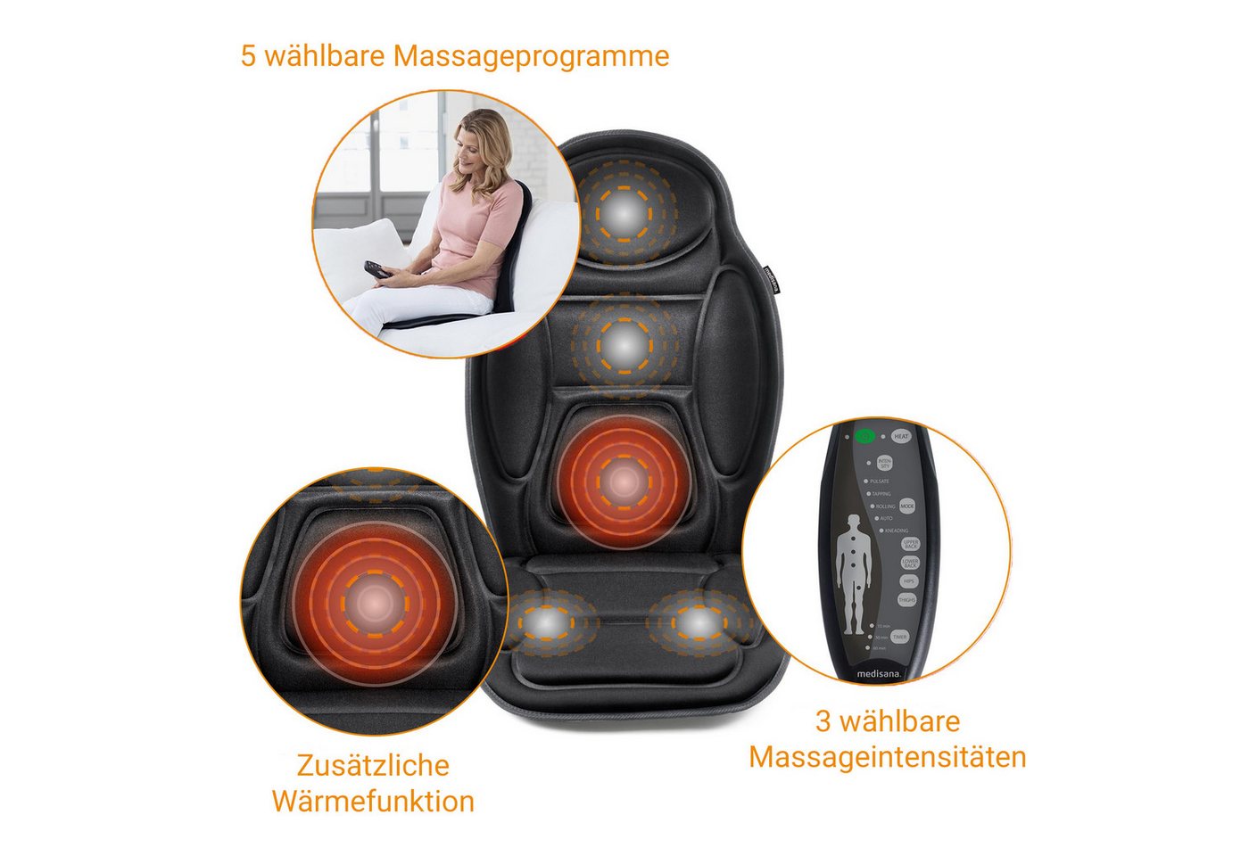 medisana Massagesitzauflage MCH, 4 Massagezonen, 3 Intensitäten, 5 Programme, zuschaltbare Wärme – Bild 3 von 5
