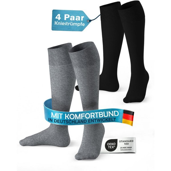 MEDOLY Kniestrümpfe Damen & Herren, mit 80% Baumwolle, Komfortbund (4 Paar)