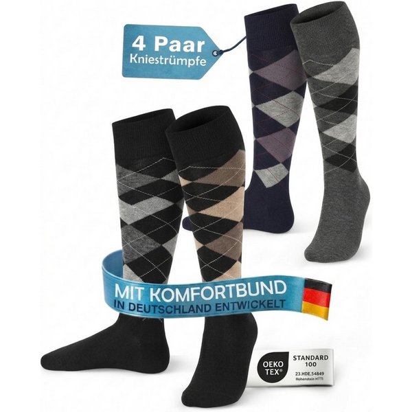 MEDOLY Kniestrümpfe Damen & Herren, mit 80% Baumwolle, Komfortbund (4 Paar)