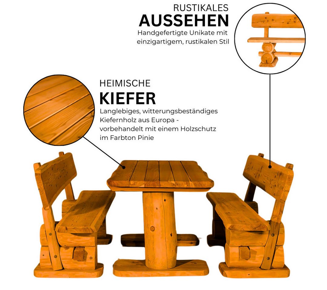 Mega-Holz Garten-Essgruppe Massive rustikale Gartengarnitur Kiefer Inkl. Sitzauflagen 120-200 cm, (Set, 1 Tisch, 2 Bänke, 2 Sitzauflage), Komplett-Set - 160 cm  – Bild 2 von 5