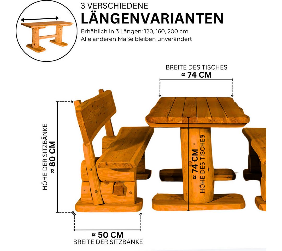 Mega-Holz Garten-Essgruppe Massive rustikale Gartengarnitur Kiefer Inkl. Sitzauflagen 120-200 cm, (Set, 1 Tisch, 2 Bänke, 2 Sitzauflage), Komplett-Set - 160 cm  – Bild 3 von 5