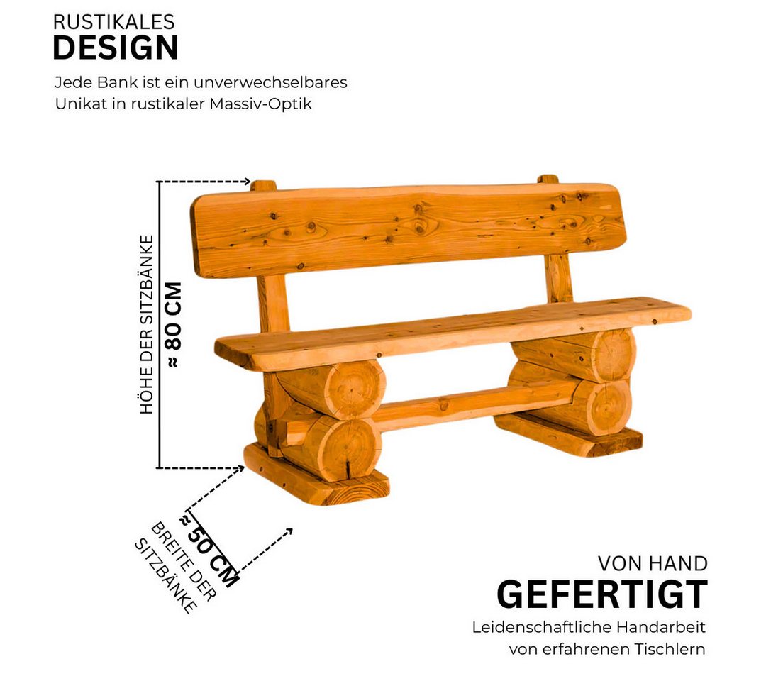 Mega-Holz Gartenbank "Rustikal" 120x50x80 cm, Sitzbank aus massiver Kiefer, Naturbelassener Holz 2-Sitzer – Bild 2 von 4