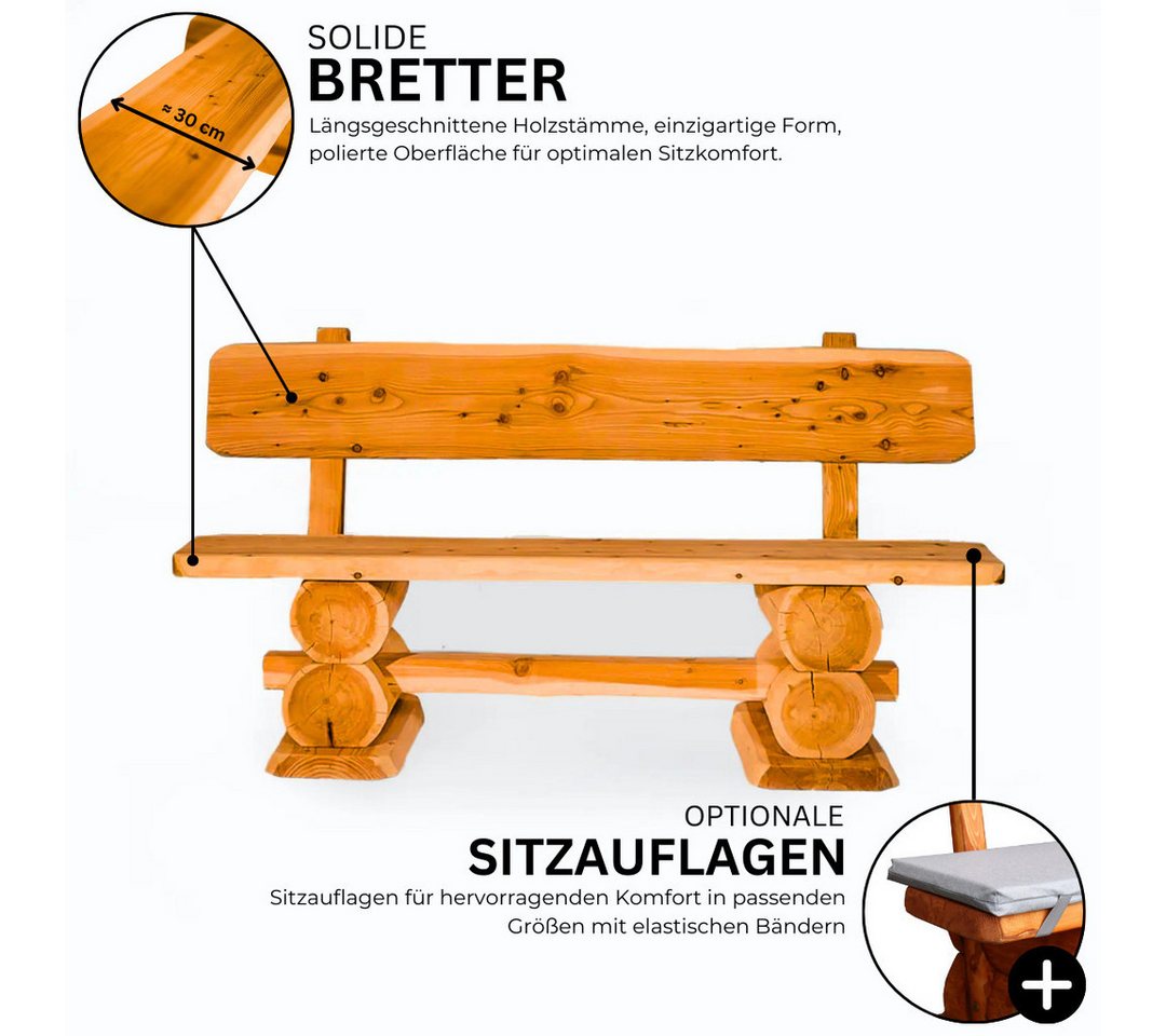 Mega-Holz Gartenbank "Rustikal" 120x50x80 cm, Sitzbank aus massiver Kiefer, Naturbelassener Holz 2-Sitzer – Bild 3 von 4
