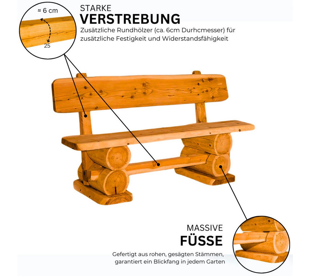 Mega-Holz Gartenbank "Rustikal" 120x50x80 cm, Sitzbank aus massiver Kiefer, Naturbelassener Holz 2-Sitzer – Bild 4 von 4
