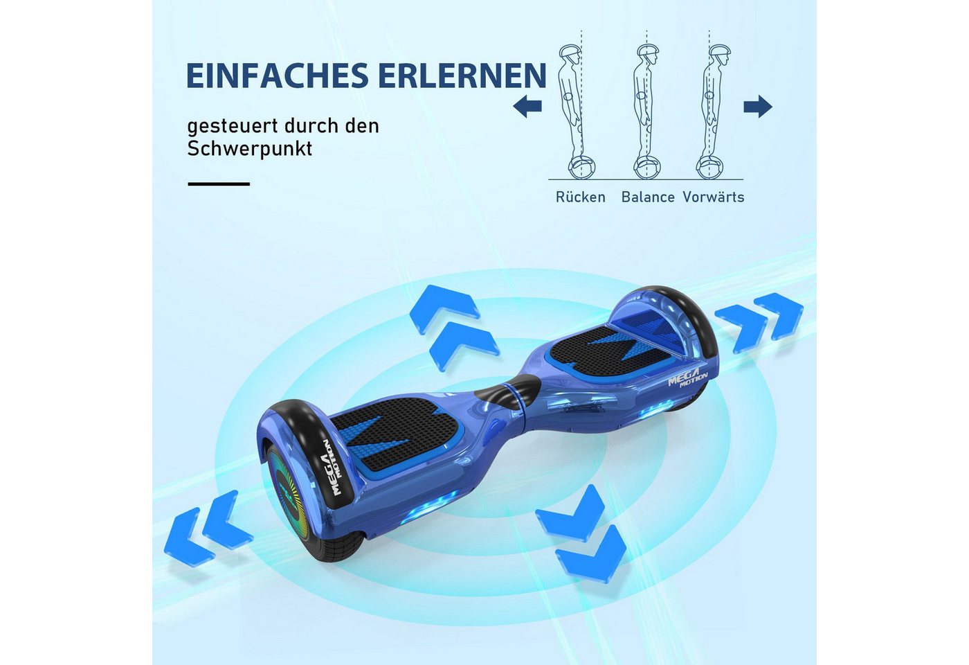 Mega Motion Balance Scooter 6.5 Zoll Hoverboards mit Sitz Hoverkart und Bluetooth und LED-Licht, 15 km/h, mit einem Go-Kart, Geschenk für Kinder und Jugendliche – Bild 5 von 5