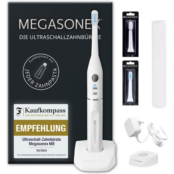Megasonex Ultraschallzahnbürste M8, Aufsteckbürsten: 2 St., Ultraschall-Zahnbürste mit Ladestation, 2 Bürstenköpfen & Reiseetui