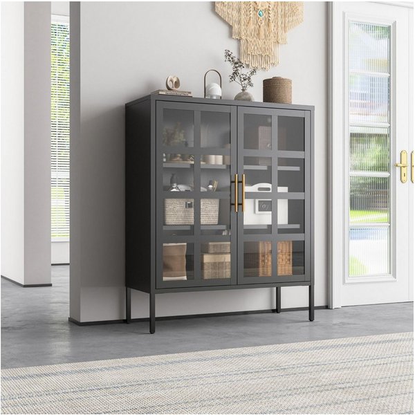 Mein-Regal Highboard GLASGOW, Schwarz Schrank Metall Vitrine Glastüren, Einlegeböden, Breite 90 cm