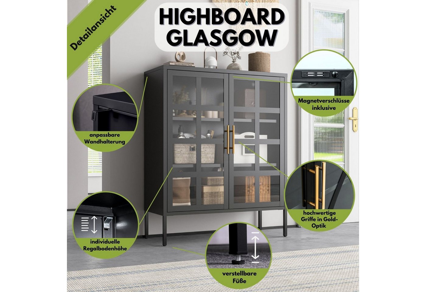 Mein-Regal Highboard GLASGOW, Schwarz Schrank Metall Vitrine Glastüren, Einlegeböden, Breite 90 cm – Bild 2 von 5