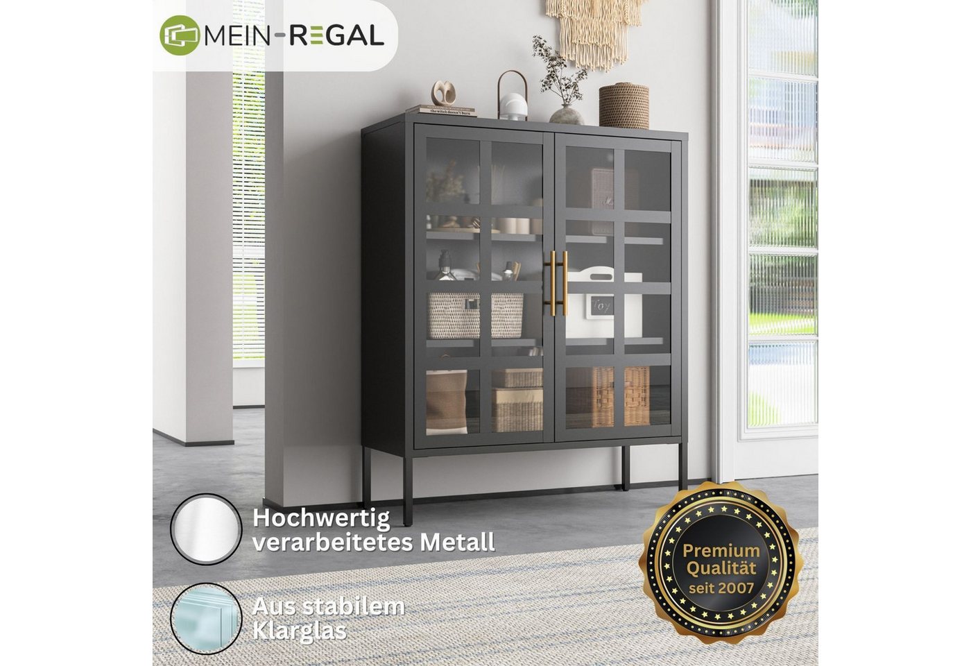 Mein-Regal Highboard GLASGOW, Schwarz Schrank Metall Vitrine Glastüren, Einlegeböden, Breite 90 cm – Bild 3 von 5