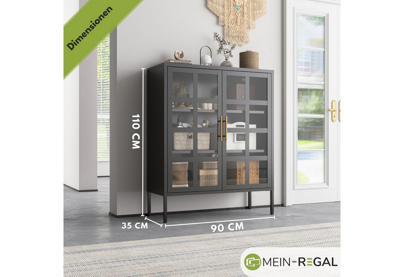 Mein-Regal Highboard GLASGOW, Schwarz Schrank Metall Vitrine Glastüren, Einlegeböden, Breite 90 cm – Bild 4 von 5