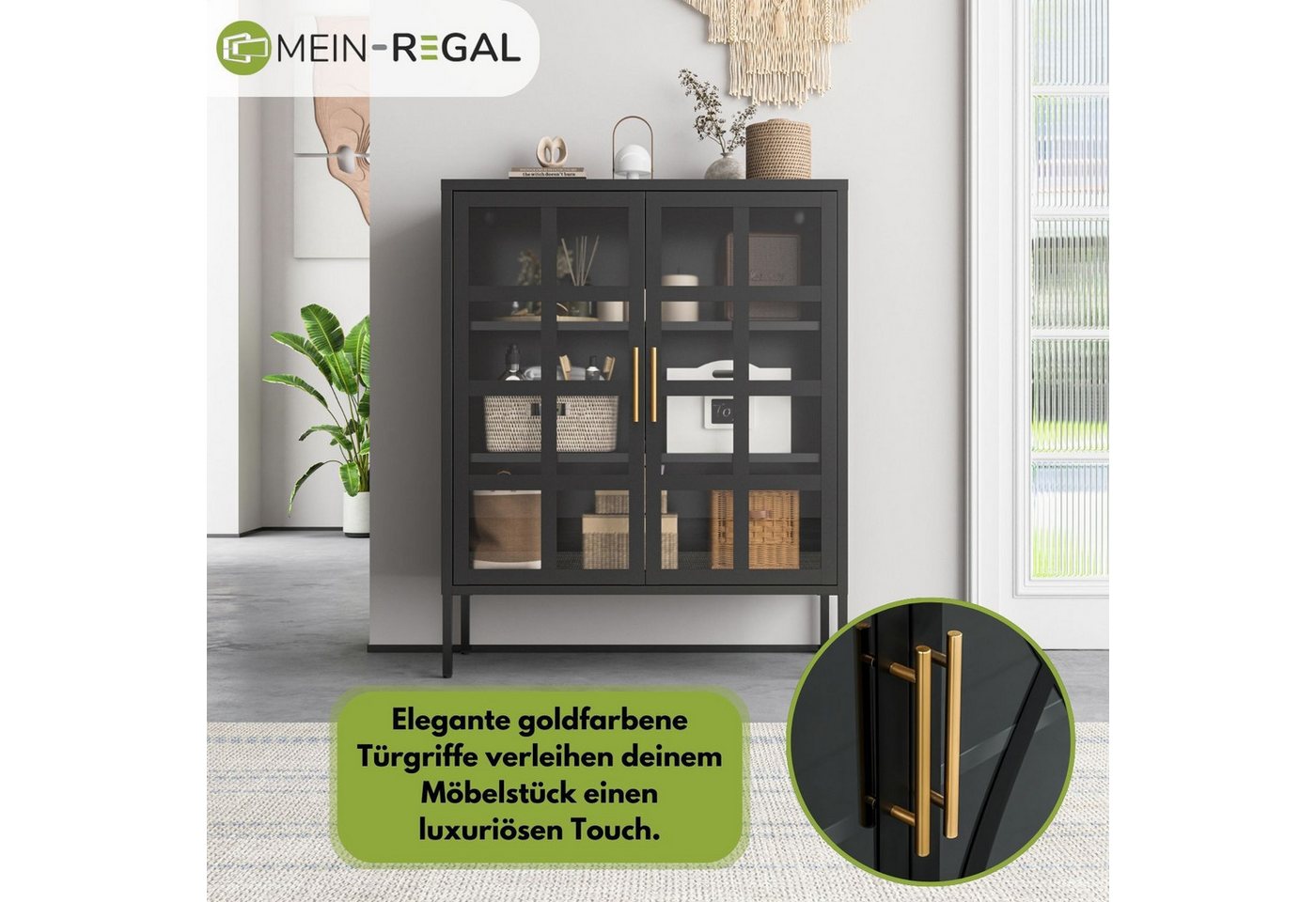 Mein-Regal Highboard GLASGOW, Schwarz Schrank Metall Vitrine Glastüren, Einlegeböden, Breite 90 cm – Bild 5 von 5