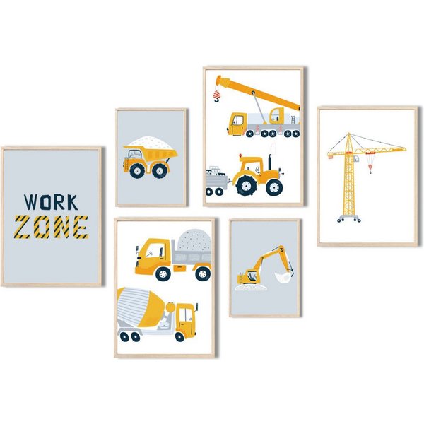 MeinBaby123® Poster Bagger, Bilder Kinderzimmer Deko, Baufahrzeuge, Kran, Baustelle, Babyzimmer, Wandbilder