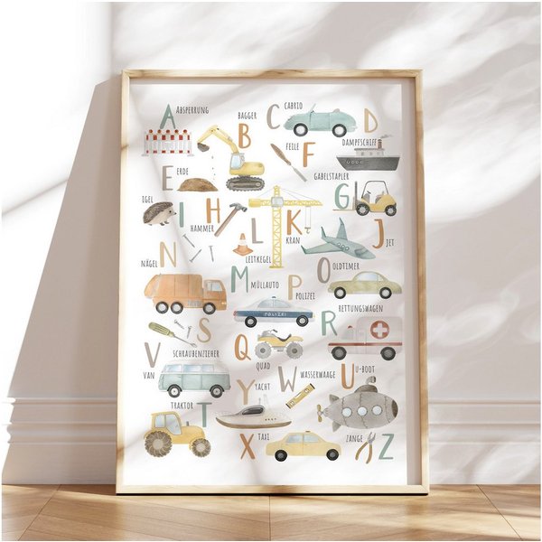 MeinBaby123® Poster Bagger, Bilder Kinderzimmer Deko, Baufahrzeuge, Kran, Baustelle, Babyzimmer, Wandbilder