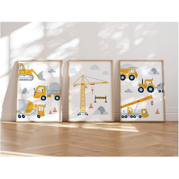 MeinBaby123® Poster Bagger, Bilder Kinderzimmer Deko, Baufahrzeuge, Kran, Baustelle, Babyzimmer, Wandbilder