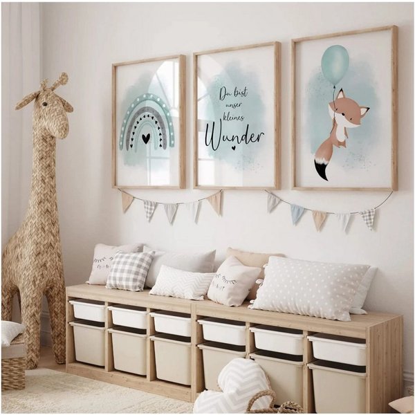 MeinBaby123® Poster Bilder Kinderzimmer, Poster Kinderzimmer Deko, Babyzimmer Deko, Spruch Wandbilder, Boho, Tiere