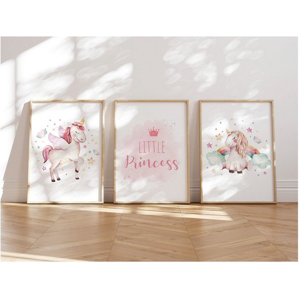 MeinBaby123® Poster Einhorn Bilder Kinderzimmer, Poster Kinderzimmer Deko, Babyzimmer Deko, Wandbilder, Einhorn, Prinzessin