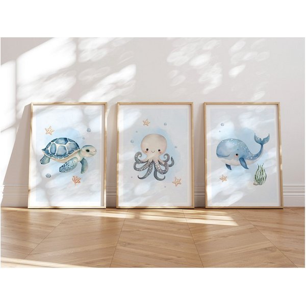 MeinBaby123® Poster Kinderzimmer Meerestiere, Kinderzimmer Deko, Kinderzimmer Bilder, Unterwasserwelt, süßer Wal, Schildkröte, Qualle