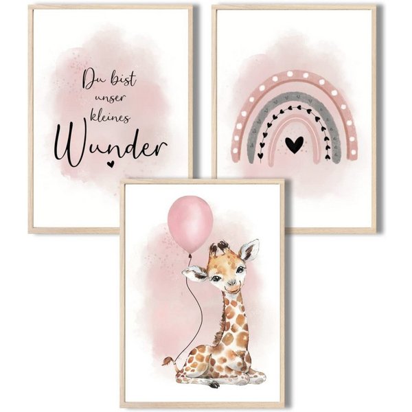 MeinBaby123® Poster Kinderzimmer Poster, Giraffe & Luftballon rosa