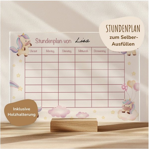 MeinBaby123® Schreibtischkalender Einschulung, Stundenplan Acrylglas transparent, Stundenplan abwischbar, Schulanfang Geschenk, inkl. Holzhalterung