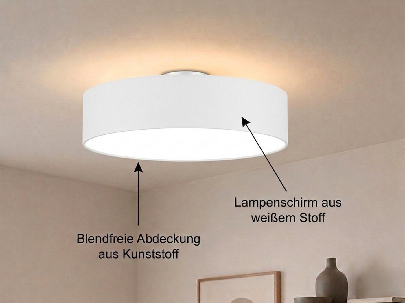 meineWunschleuchte Deckenleuchte mit Stoff Lampenschirm Weiß Ø 60cm, ohne Leuchtmittel, große Stoff-Lampe, gemütliche Deckenlampe, E14 Schlafzimmerlampe – Bild 3 von 5