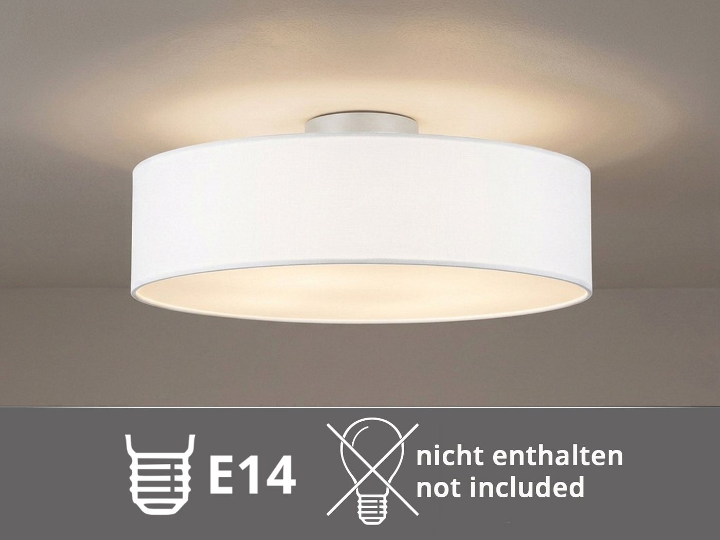 meineWunschleuchte Deckenleuchte mit Stoff Lampenschirm Weiß Ø 60cm, ohne Leuchtmittel, große Stoff-Lampe, gemütliche Deckenlampe, E14 Schlafzimmerlampe – Bild 5 von 5
