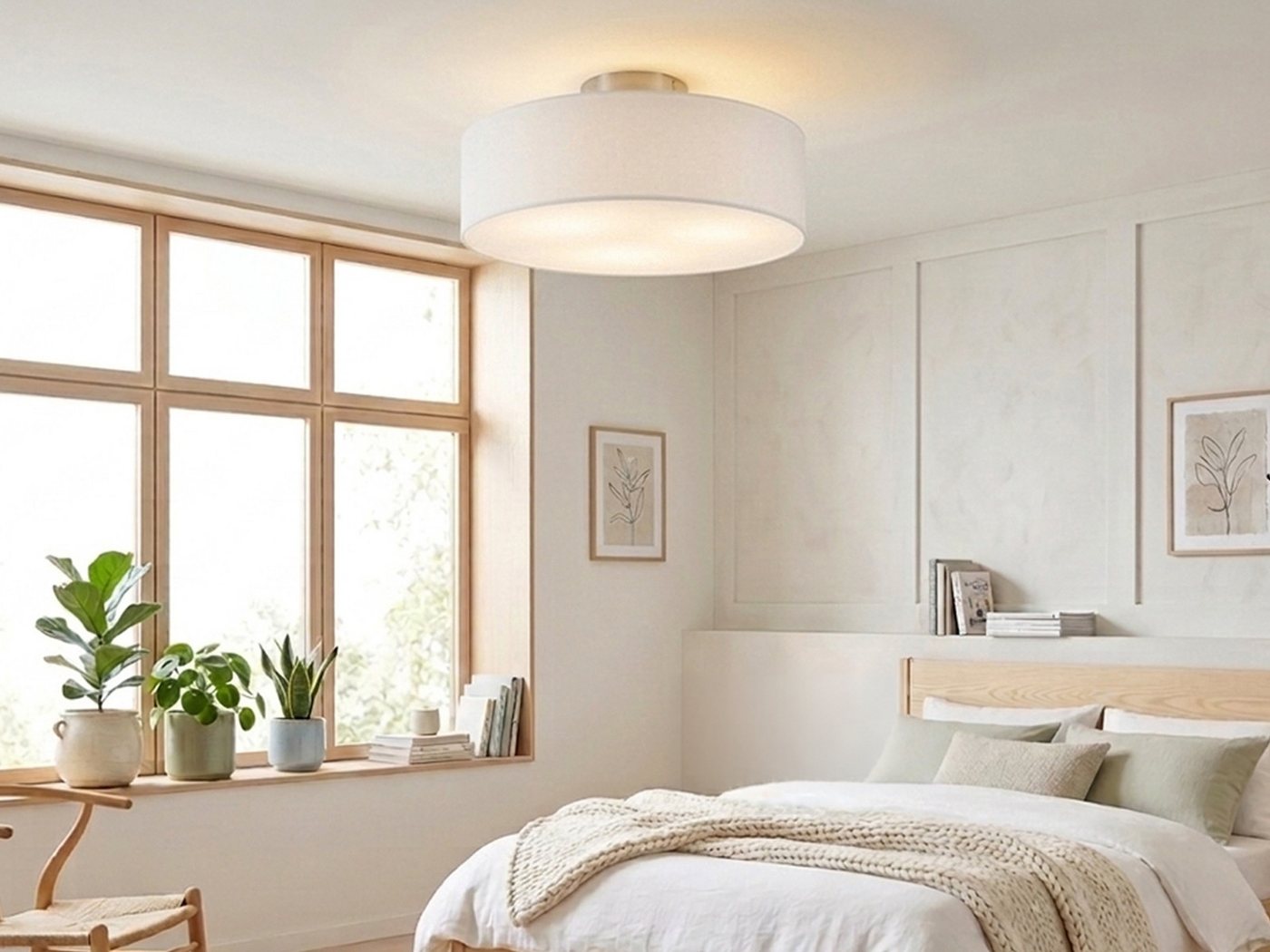 meineWunschleuchte Deckenleuchte mit Stoff Lampenschirm Weiß Ø 40cm, ohne Leuchtmittel, Stoff-Lampe, gemütliche Deckenlampe, E14 Schlafzimmerlampe rund – Bild 2 von 5