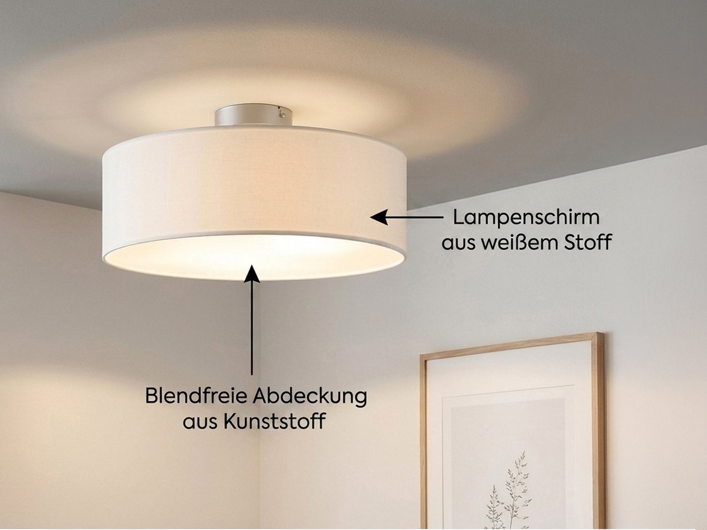 meineWunschleuchte Deckenleuchte mit Stoff Lampenschirm Weiß Ø 40cm, ohne Leuchtmittel, Stoff-Lampe, gemütliche Deckenlampe, E14 Schlafzimmerlampe rund – Bild 3 von 5