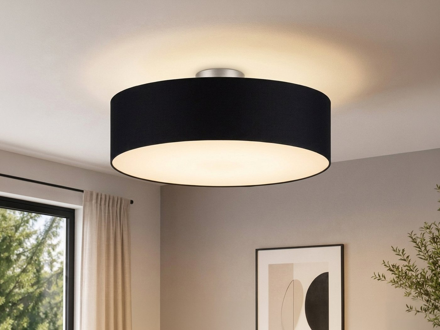 meineWunschleuchte Deckenleuchte mit Stoff Lampenschirm Schwarz Ø 50cm, ohne Leuchtmittel, große Stoff-Lampe, gemütliche Deckenlampe, E14 Schlafzimmerlampe – Bild 2 von 5