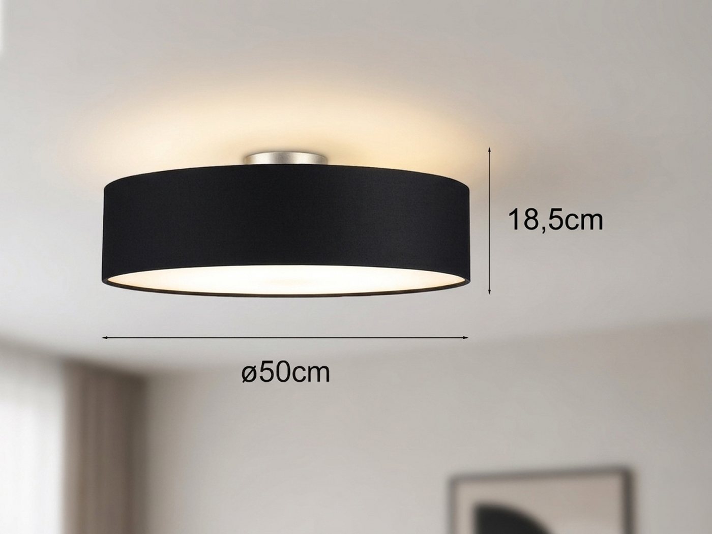 meineWunschleuchte Deckenleuchte mit Stoff Lampenschirm Schwarz Ø 50cm, ohne Leuchtmittel, große Stoff-Lampe, gemütliche Deckenlampe, E14 Schlafzimmerlampe – Bild 4 von 5