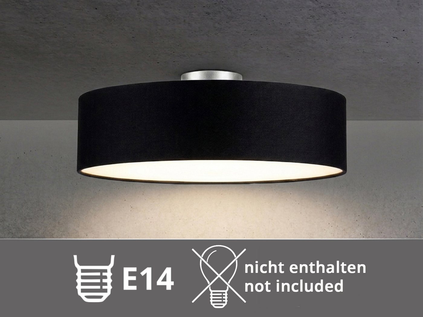 meineWunschleuchte Deckenleuchte mit Stoff Lampenschirm Schwarz Ø 50cm, ohne Leuchtmittel, große Stoff-Lampe, gemütliche Deckenlampe, E14 Schlafzimmerlampe – Bild 5 von 5