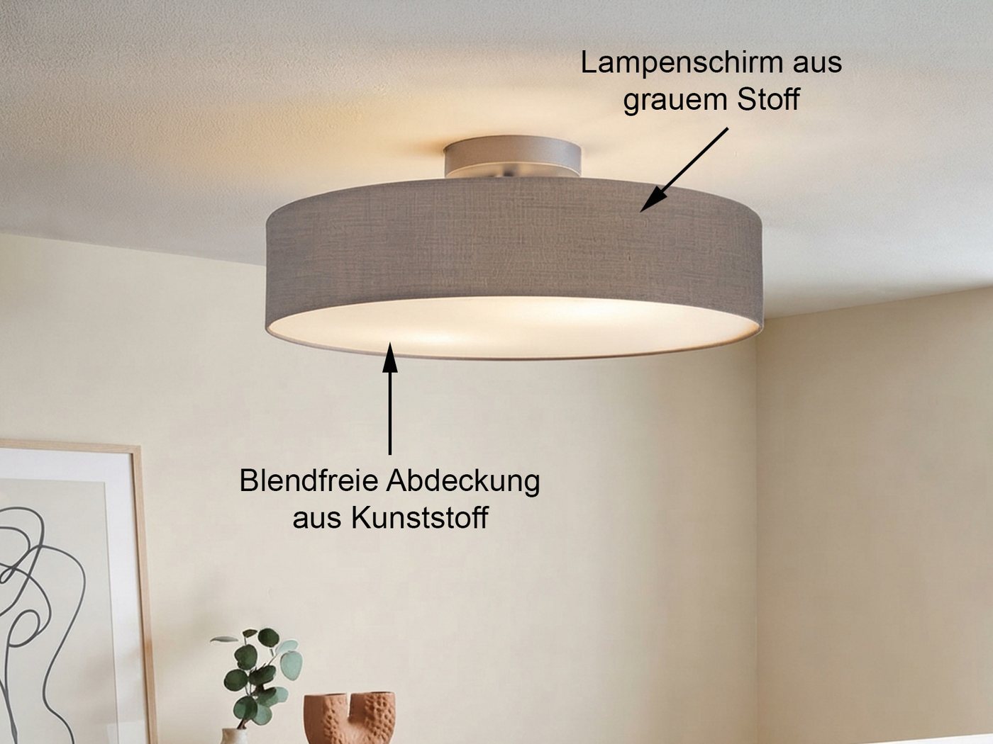 meineWunschleuchte Deckenleuchte mit Stoff Lampenschirm Braun Ø 50cm, ohne Leuchtmittel, große Stoff-Lampe, gemütliche Deckenlampe, E14 Schlafzimmerlampe – Bild 5 von 5