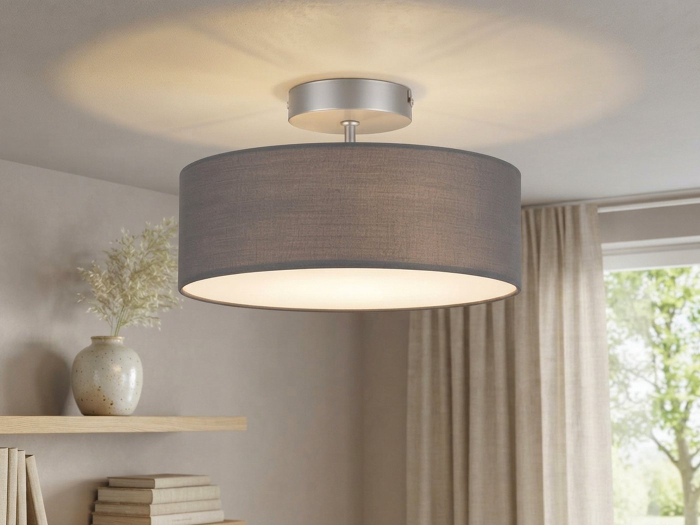 meineWunschleuchte Deckenleuchte mit Stoff Lampenschirm Grau Braun Ø 30cm, ohne Leuchtmittel, kleine Stoff-Lampe, gemütliche Deckenlampe, E14 Schlafzimmerlampe – Bild 2 von 5