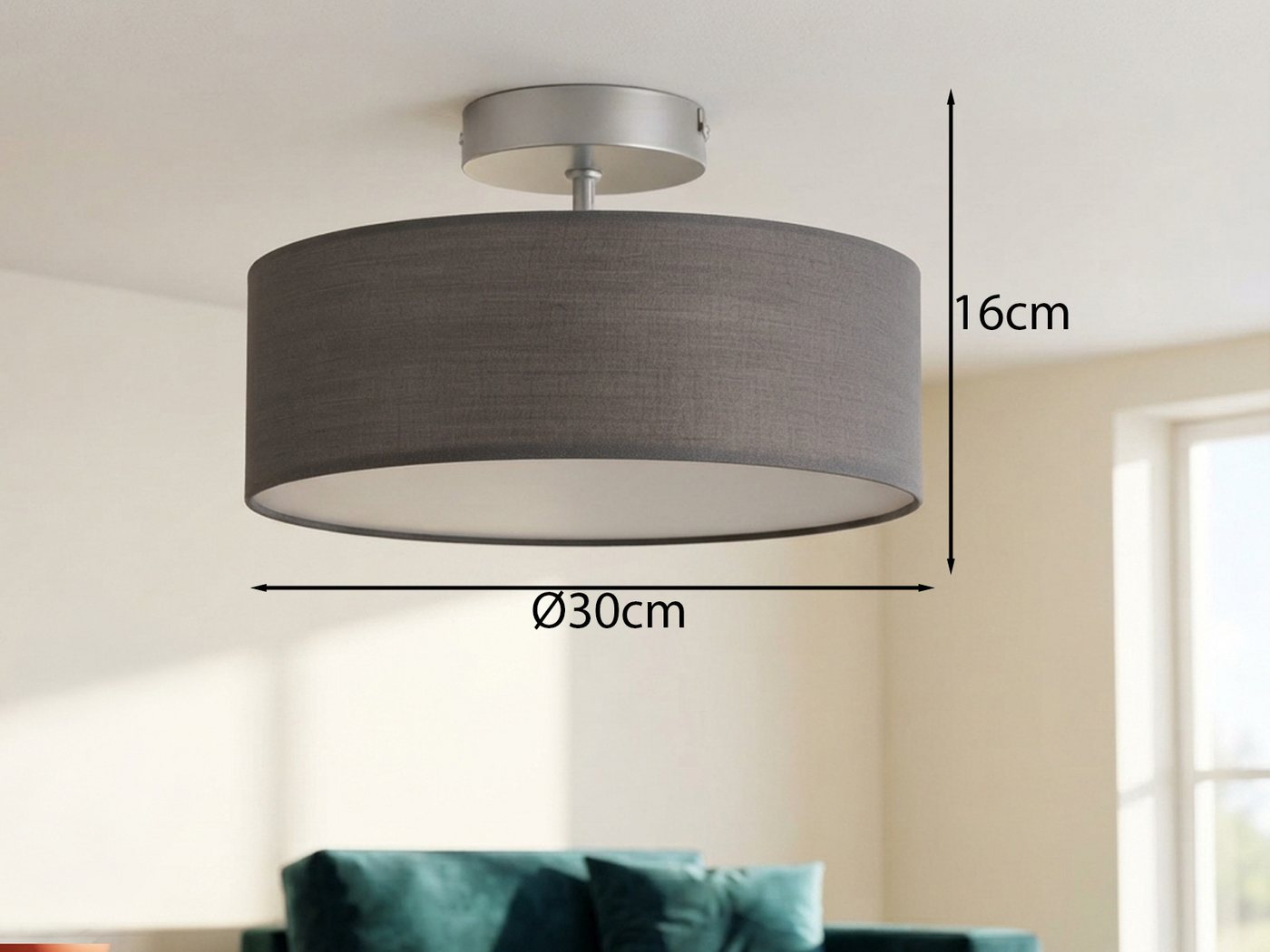 meineWunschleuchte Deckenleuchte mit Stoff Lampenschirm Grau Braun Ø 30cm, ohne Leuchtmittel, kleine Stoff-Lampe, gemütliche Deckenlampe, E14 Schlafzimmerlampe – Bild 3 von 5
