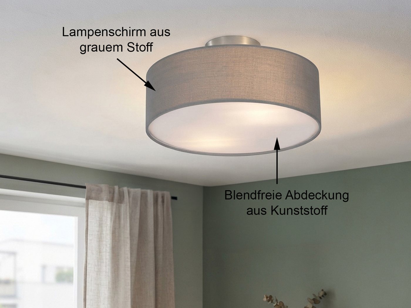 meineWunschleuchte Deckenleuchte mit Stoff Lampenschirm Grau Braun Ø 30cm, ohne Leuchtmittel, kleine Stoff-Lampe, gemütliche Deckenlampe, E14 Schlafzimmerlampe – Bild 4 von 5
