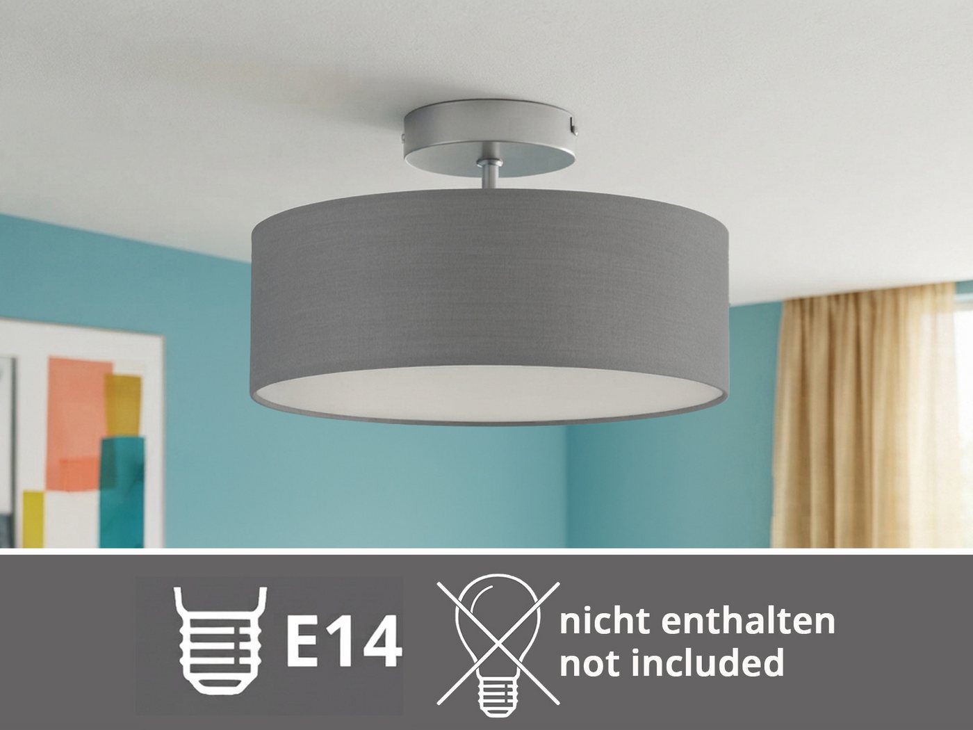 meineWunschleuchte Deckenleuchte mit Stoff Lampenschirm Grau Braun Ø 30cm, ohne Leuchtmittel, kleine Stoff-Lampe, gemütliche Deckenlampe, E14 Schlafzimmerlampe – Bild 5 von 5