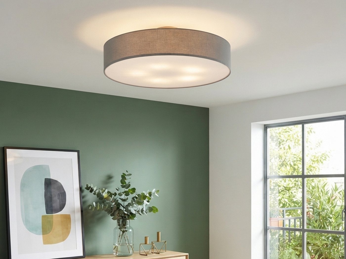 meineWunschleuchte Deckenleuchte mit Stoff Lampenschirm Grau Ø 60cm, ohne Leuchtmittel, große Stoff-Lampe, gemütliche Deckenlampe, E14 Schlafzimmerlampe – Bild 2 von 5