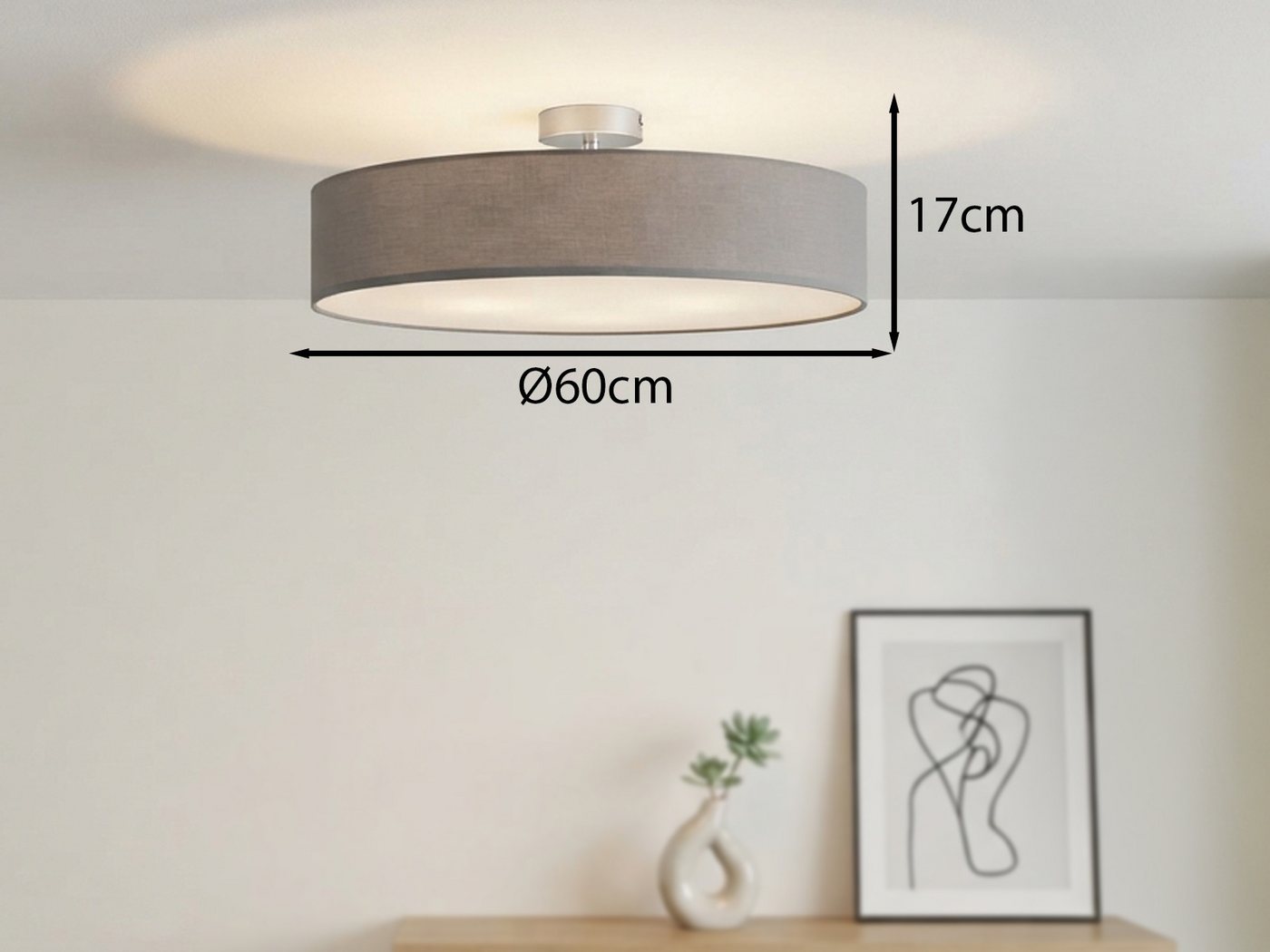 meineWunschleuchte Deckenleuchte mit Stoff Lampenschirm Grau Ø 60cm, ohne Leuchtmittel, große Stoff-Lampe, gemütliche Deckenlampe, E14 Schlafzimmerlampe – Bild 4 von 5