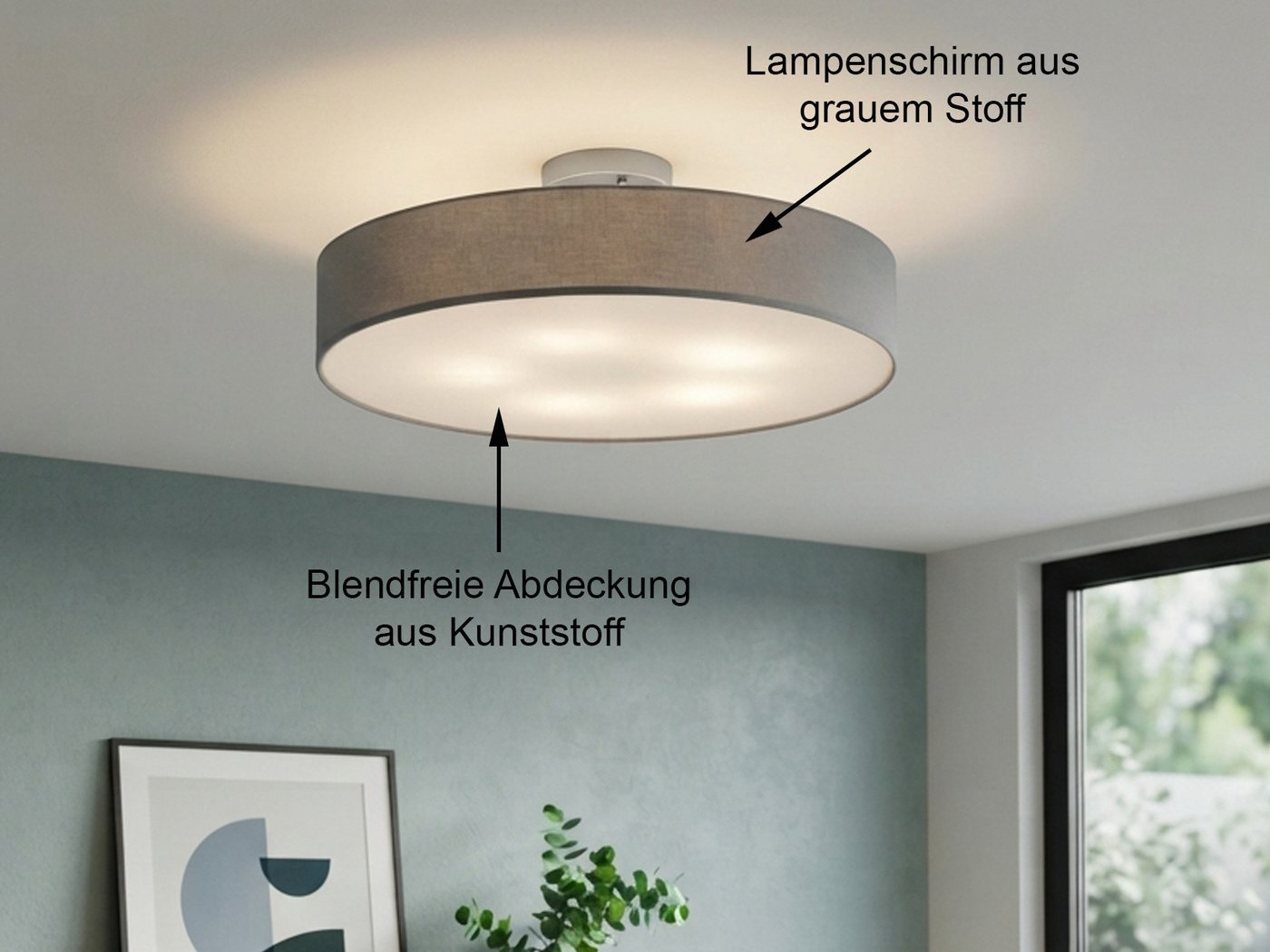 meineWunschleuchte Deckenleuchte mit Stoff Lampenschirm Grau Ø 60cm, ohne Leuchtmittel, große Stoff-Lampe, gemütliche Deckenlampe, E14 Schlafzimmerlampe – Bild 5 von 5